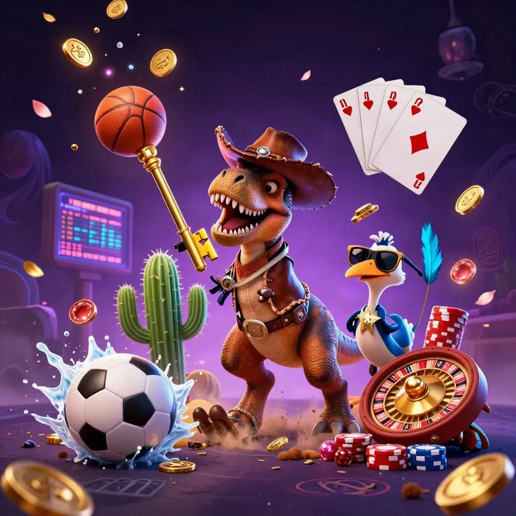 Cowboy T-Rex, cactus and roadrunner amid flying coins, balls and casino glow