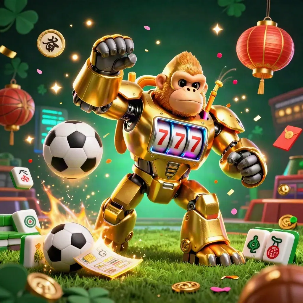 Golden slot-machine gorilla mech bursts through sports gear amid neon casino effects.