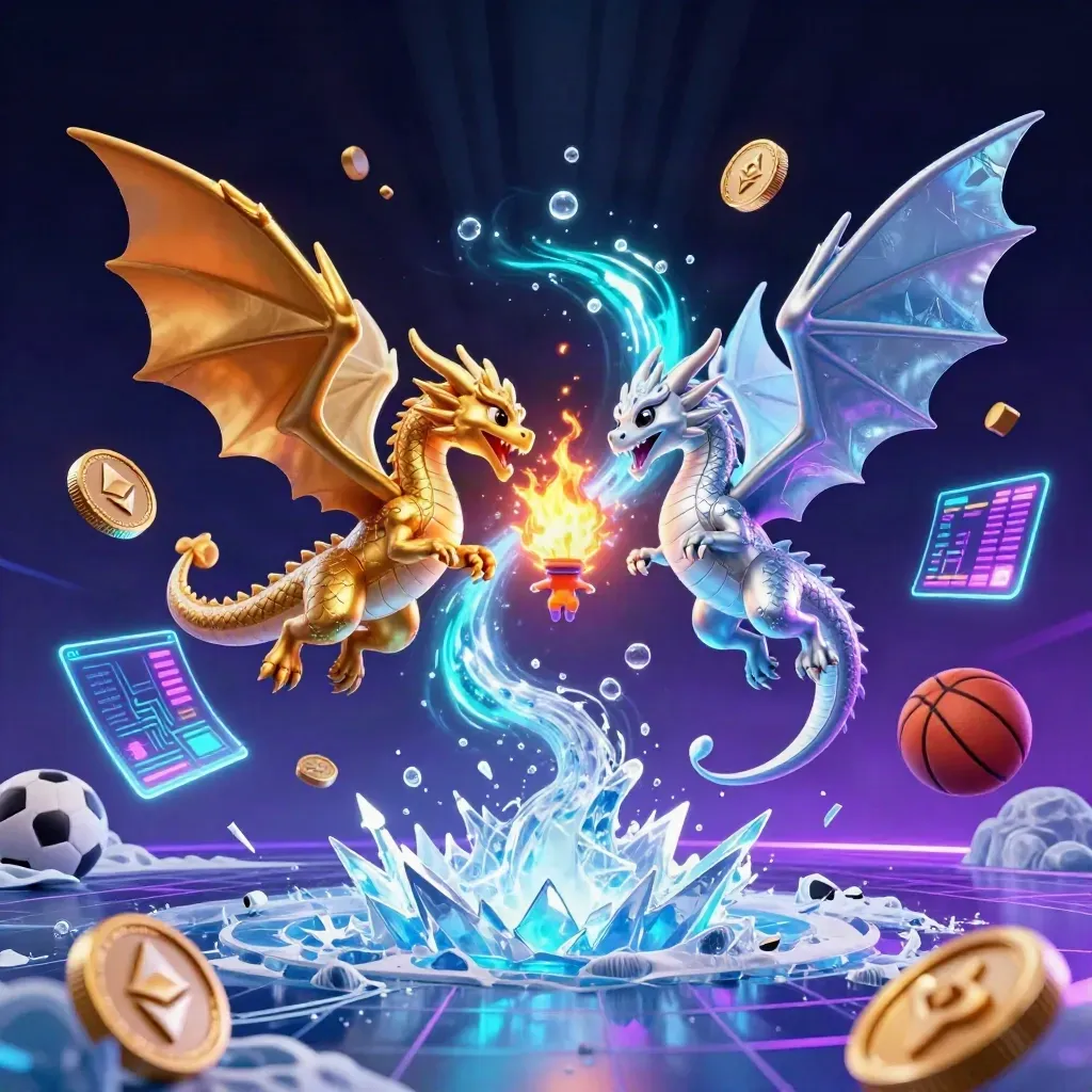 Twin gold and silver dragons clash in fire and ice amid neon casino sports icons.