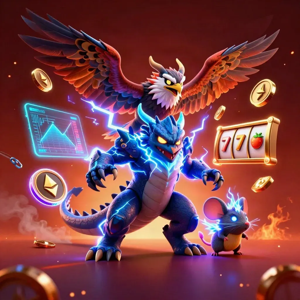Thunder dragon, wind hawk, and crackling mouse amid coins, lightning, and ember glow.