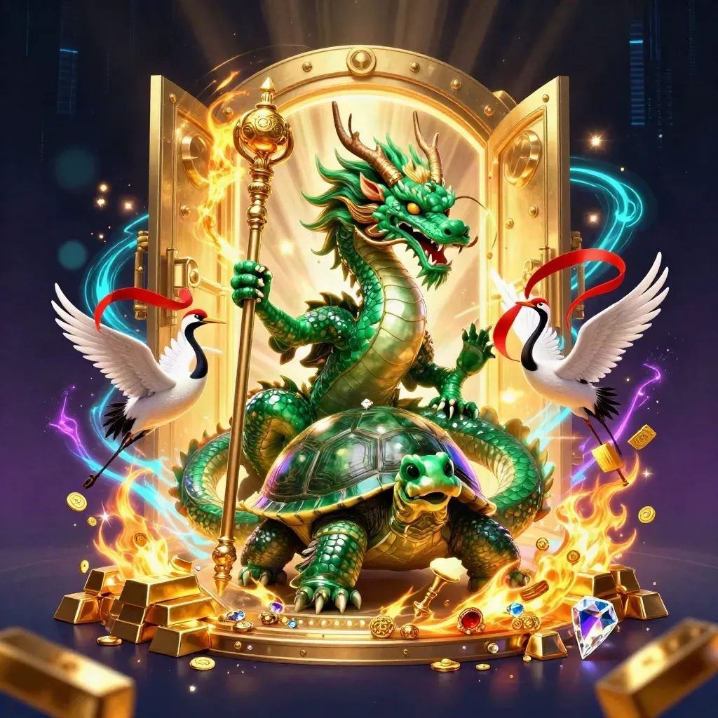 Jade dragon, turtle sage, and cranes burst from a gold vault amid gems and neon energy.