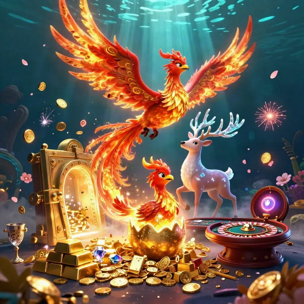 Phoenix, stag, and baby phoenix erupt from a vault with coins, gems, and casino lights
