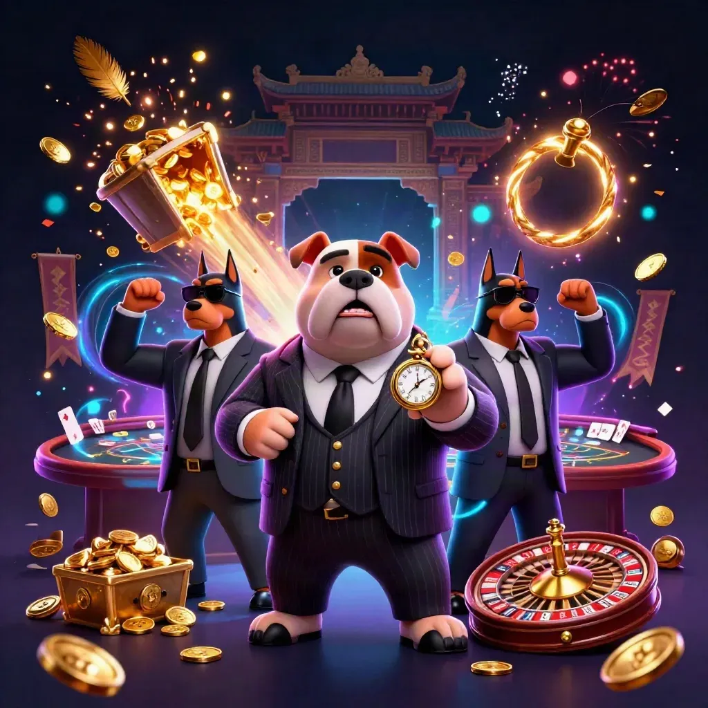 Bulldog boss and Doberman bodyguards amid coins, fire, and neon casino effects.