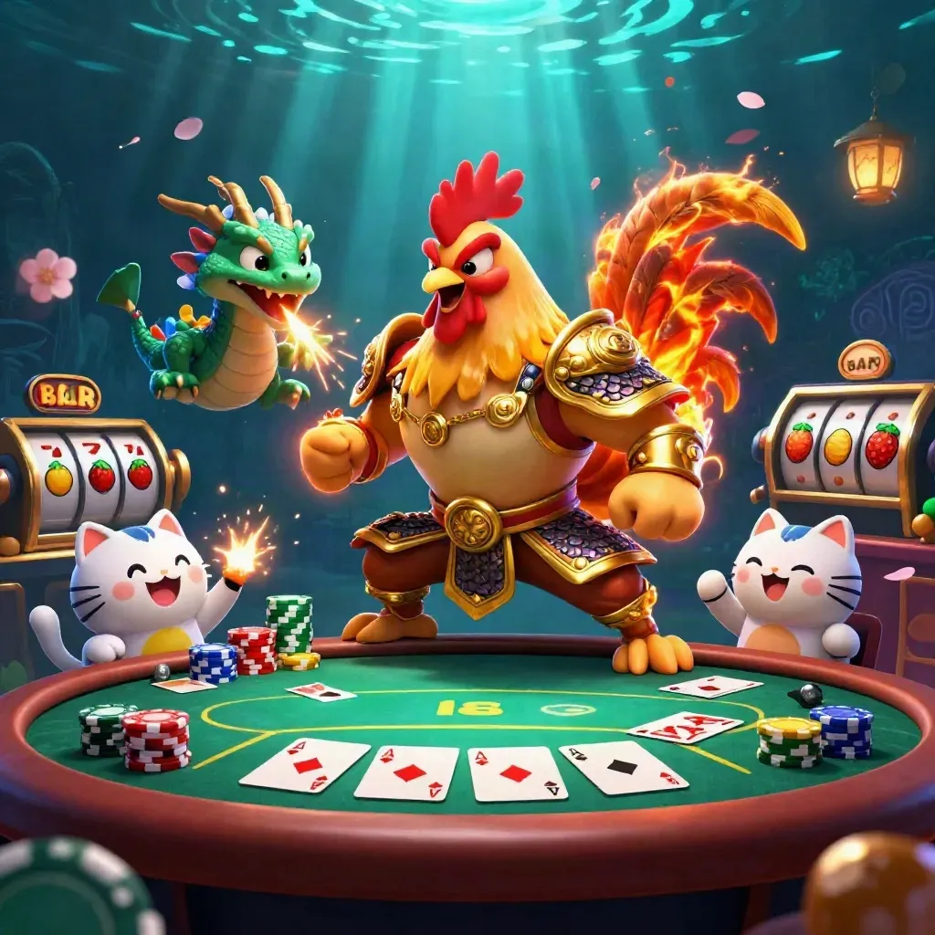 Rooster warrior, dragon hatchling, and fortune cat amid casino loot and glowing chips underwater.