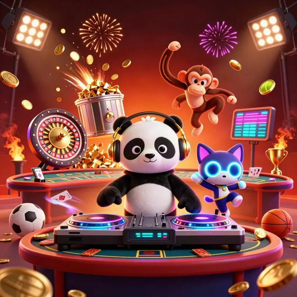 Panda DJ, breakdancing monkey, and rave kitten amid coins, vault glow, fireworks, and casino lights.